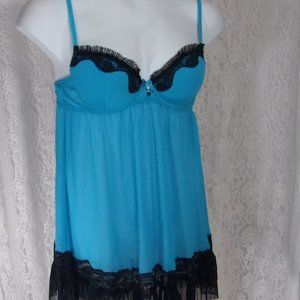 Seductive Wear by Cinema Etoile Chemise Nightgown Blue Black Lace NWOT Size L